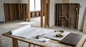 Architectural floor plans, a vintage measuring tape, marble tile sample, dark wood plank, and brass faucet fixture laid on a plywood workbench inside a gutted room undergoing renovation.
