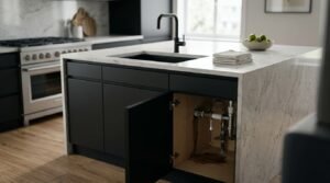 Open cabinet door beneath a modern kitchen island sink revealing a water leak with dripping pipes and pooled water damage inside the wood interior.