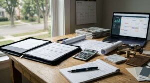 Open document folder, notepad with fountain pen, pocket calculator, blueprints, laptop showing calendar schedule, and finish samples on a wooden desk by a window.
