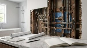 Open wall cavity revealing corroded plumbing pipes, wiring, and rotted wood studs above a marble countertop with blueprints, tile samples, and an open notebook in a bathroom under renovation.