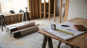 Architectural floor plan blueprints with an extended tape measure, utility knife, and leather notebook on a sawhorse workbench beside stacked boxes of premium hardwood flooring in an active framing renovation room.