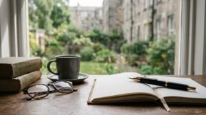 Open blank notebook with a fountain pen, reading glasses, steaming coffee mug, and old stacked books on a wooden desk near a window overlooking a garden and stone courtyard.