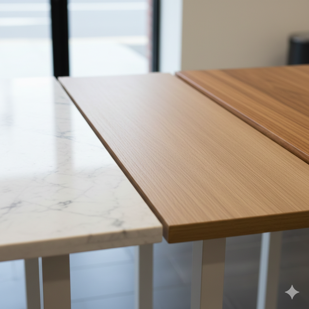 A close-up detail shot comparing different kitchen benchtop material samples side-by-side in a Sydney home, showcasing textures and finishes of engineered stone, laminate, and timber surfaces.