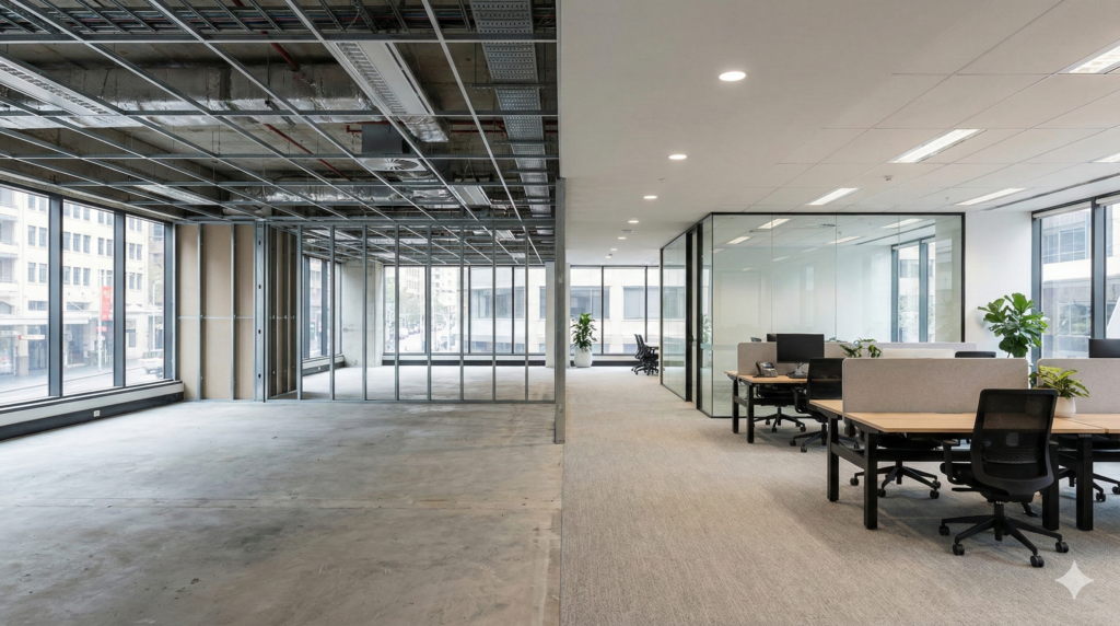 A wide comparison photograph of a single Sydney commercial building interior, split to show the dramatic contrast between a bare concrete shell space and a fully renovated, furnished modern office area.