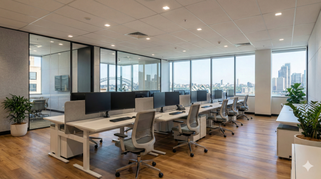 Wide-angle premium interior photograph of a fully renovated and operational modern Sydney office, showcasing clean workstations, glass meeting rooms, and contemporary design elements under balanced professional lighting.