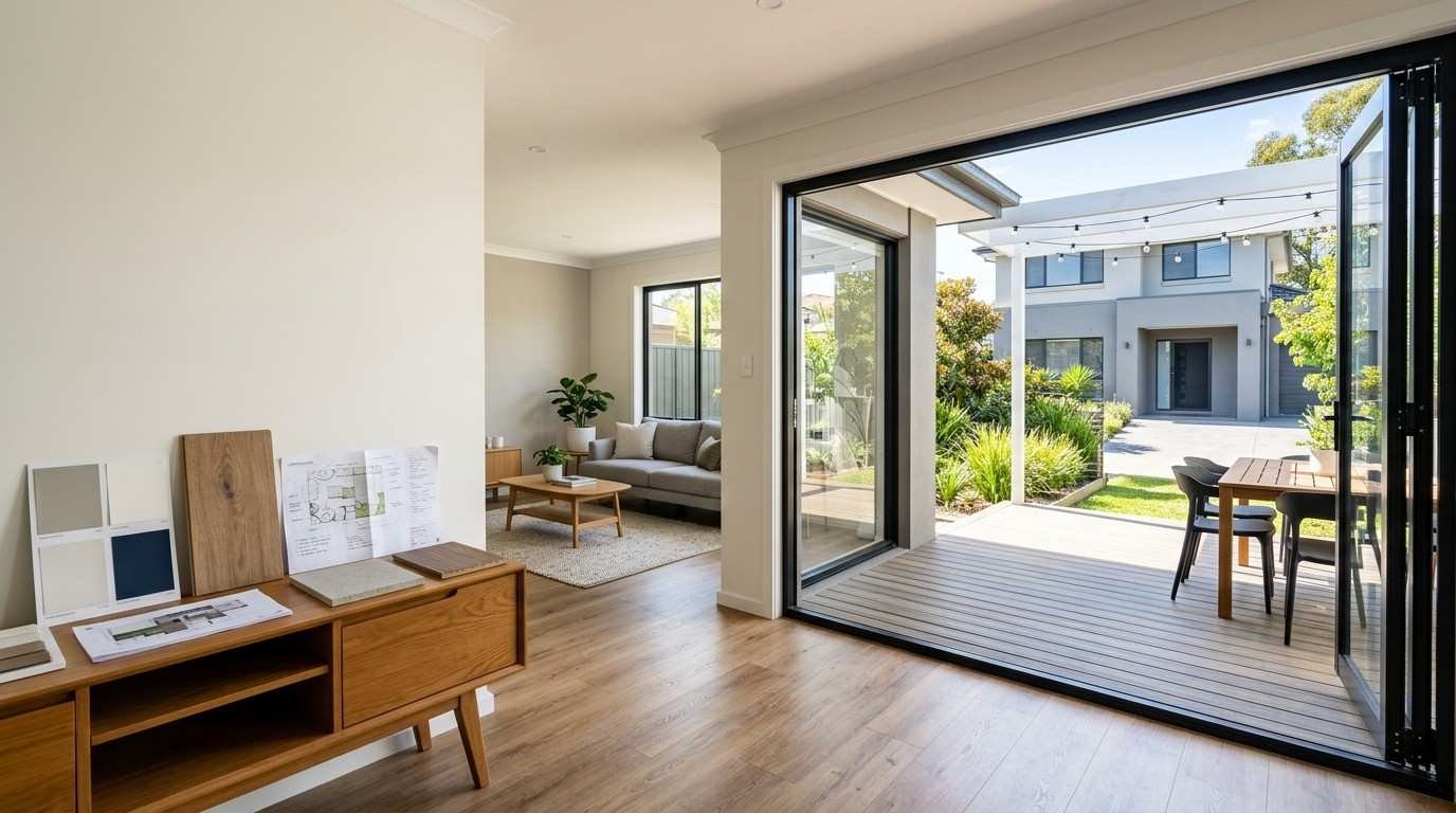 Sydney home showcasing high-ROI renovation upgrades including fresh neutral paint, cohesive flooring, improved curb appeal, landscaping, and an outdoor deck with pergola.