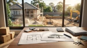 Architectural desk setup with blueprints, modern house elevation sketches, material swatches, calculator, and house keys overlooking an active construction site with scaffolding and an excavator.