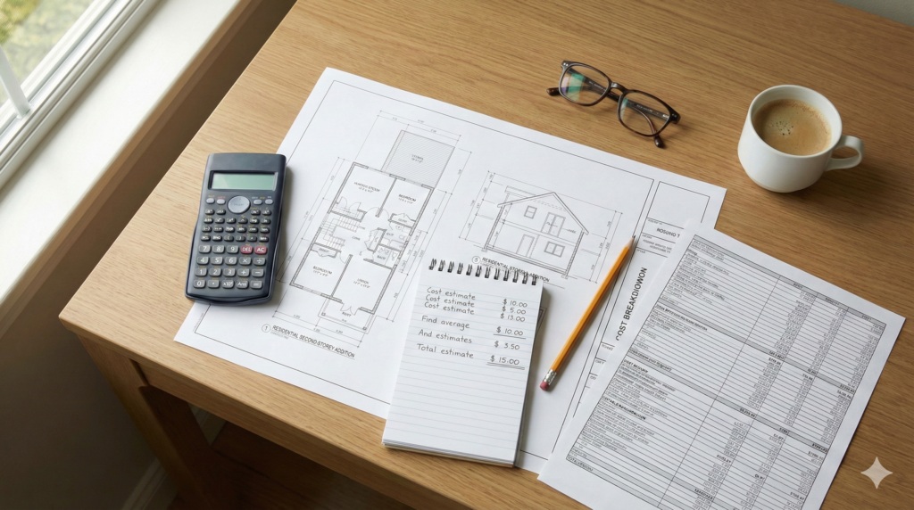 A top-down flat lay photo of architectural plans, a calculator, cost estimate documents, and a pen on a desk, representing the planning and budgeting stage for a second storey addition.