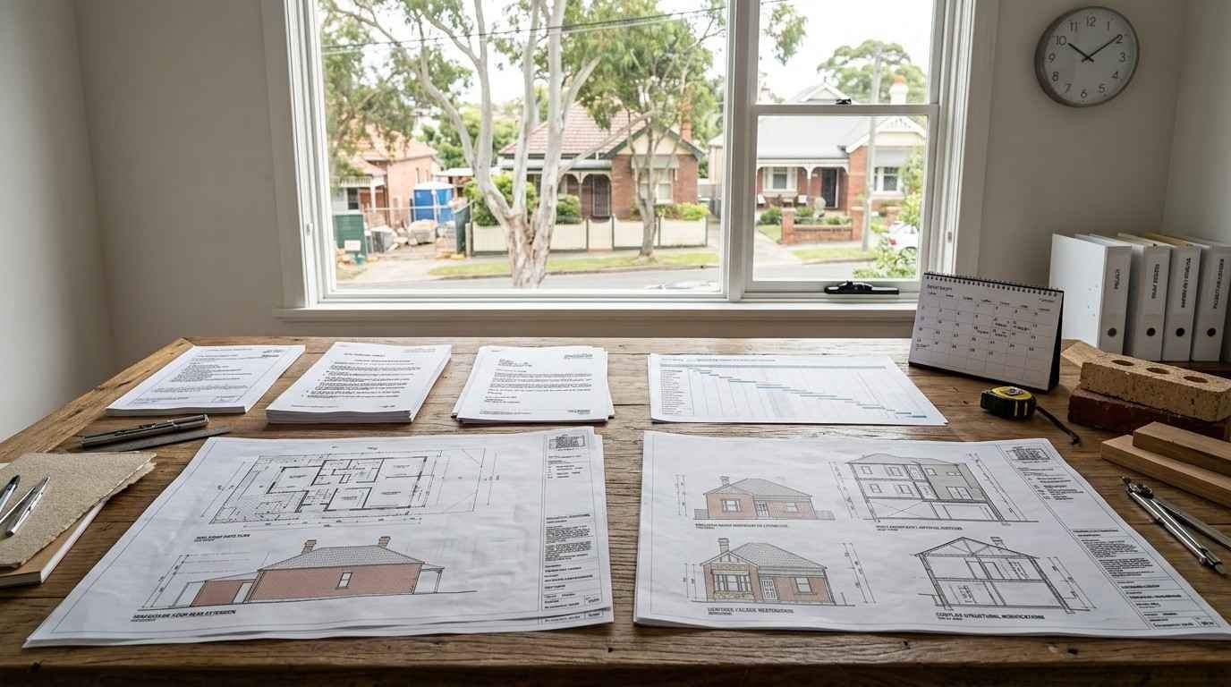 Sydney renovation planning desk with architectural plans, heritage documents, engineering drawings, approval paperwork, and project scheduling materials illustrating CDC and DA pathways.
