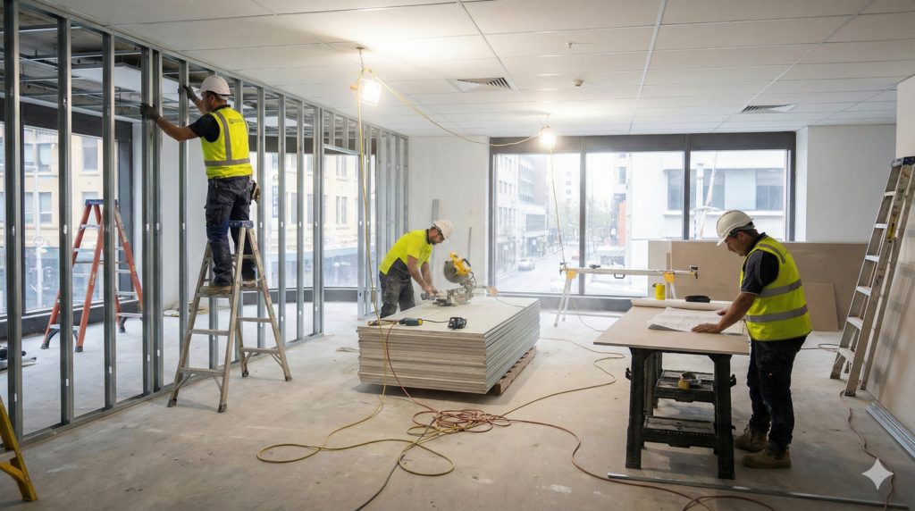 A wide documentary construction photograph inside a Sydney office under renovation, showing tradespeople using ladders and tools to install partitions and services, with safety equipment visible on site.