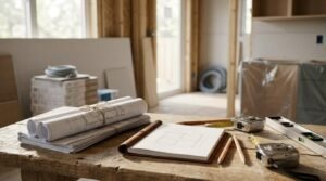 Open renovation planning journal with floor plan sketches, measuring tape, drafting compass, wood flooring samples, marble slab, cabinet door swatch, and drywall debris on a wooden workbench in an unfinished room.