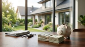 Ceramic piggy bank with inserted coins, stack of US hundred-dollar bills, screwdriver, wrench, and folded microfiber cloth on a wooden table overlooking a modern residential home and garden.