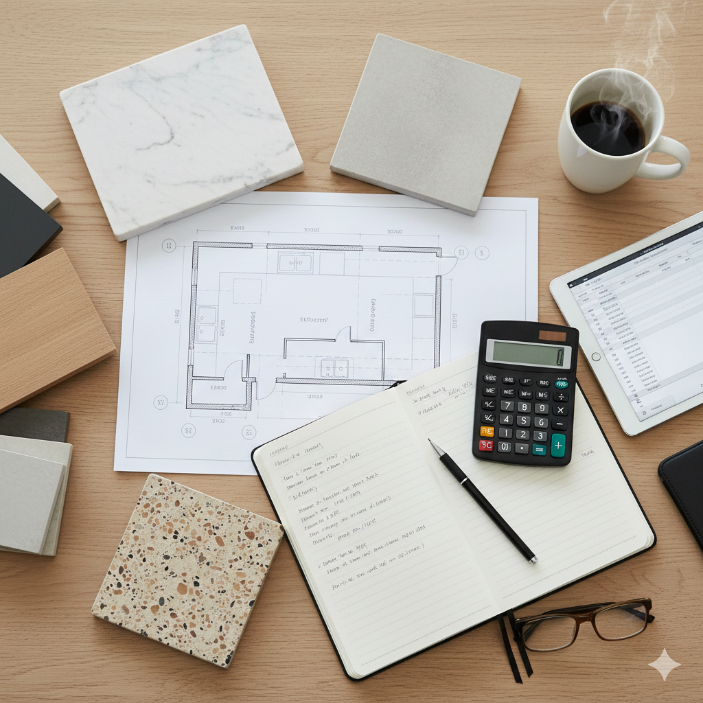 An ultra-high resolution, wide-angle luxury interior photograph showcasing a custom high-end kitchen in a Sydney home, featuring elegant natural stone waterfall benchtops, bespoke joinery, and fully integrated premium appliances illuminated by sophisticated layered architectural lighting.