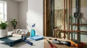 Split comparison of cosmetic DIY home updates with a paint roller, hardware handles, and cleaning supplies on the left, beside major rough-in renovation work with copper pipes, electrical junction box, multimeter, and pipe cutter on the right.