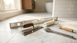 DIY home renovation tools including a spirit level, trowel, paint roller, and adjustable wrench resting on a marble tile bathroom floor.