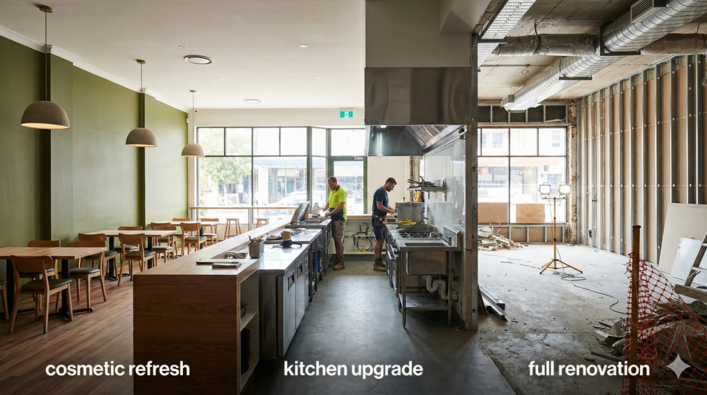 A wide interior shot of a Sydney restaurant space visually divided into three simultaneous renovation stages: a cosmetically refreshed dining area, a kitchen with new stainless steel appliances being installed, and a section fully stripped back to structural walls and concrete.