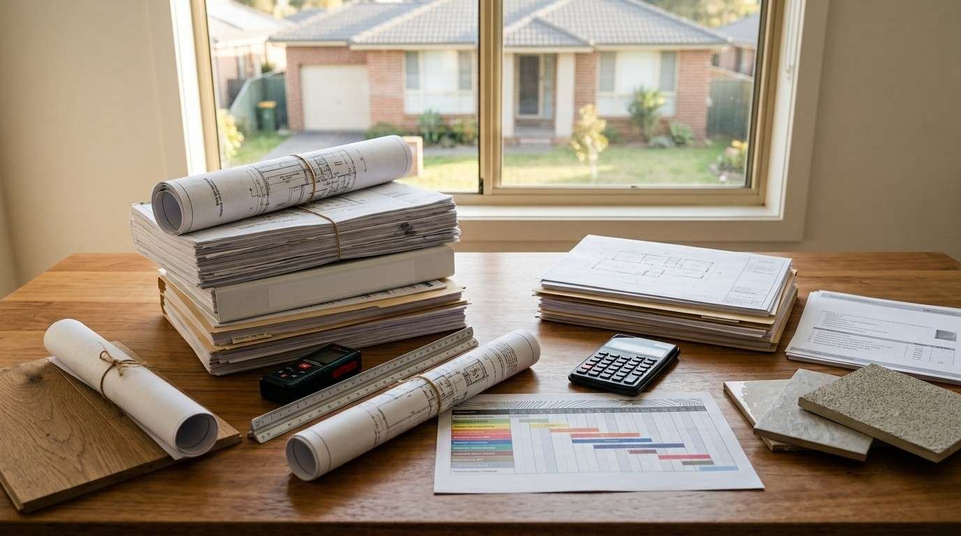 Sydney renovation planning workspace comparing DA and CDC approval documents for a major residential renovation, with architectural plans, engineering drawings and certification paperwork.