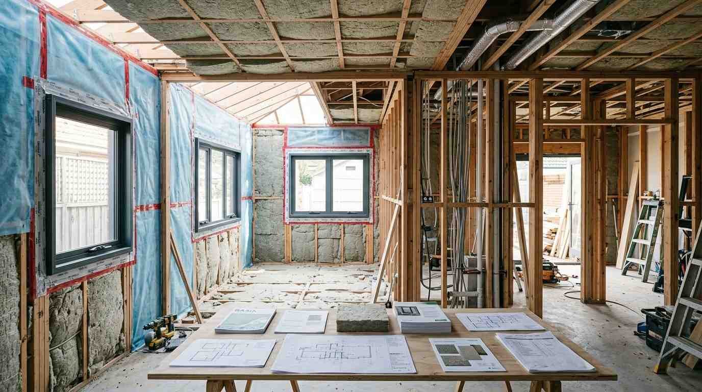 Sydney gut renovation with high-performance insulation, double-glazed windows, ventilation ducting, sealed framing, and future-ready energy infrastructure installed before walls are closed.