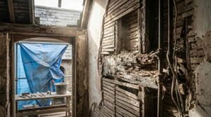 Deteriorated interior wall of a historic home undergoing restoration, revealing rotted timber framing, exposed wooden laths beneath stripped plaster, and a workbench with masonry tools beneath a tarp-covered opening.