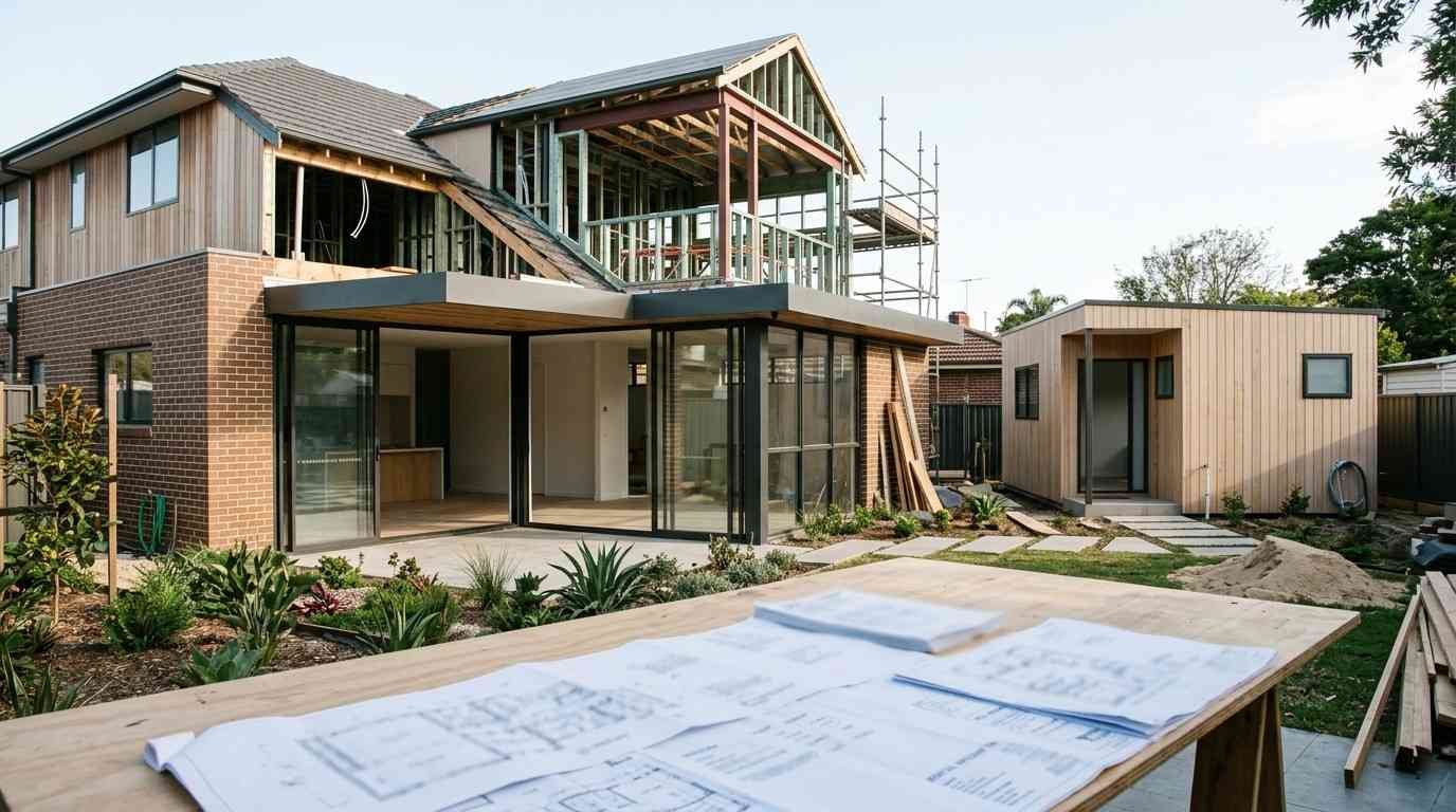 Sydney home showing a rear extension, second-storey addition and detached granny flat, illustrating the different construction requirements and costs of adding floor area.