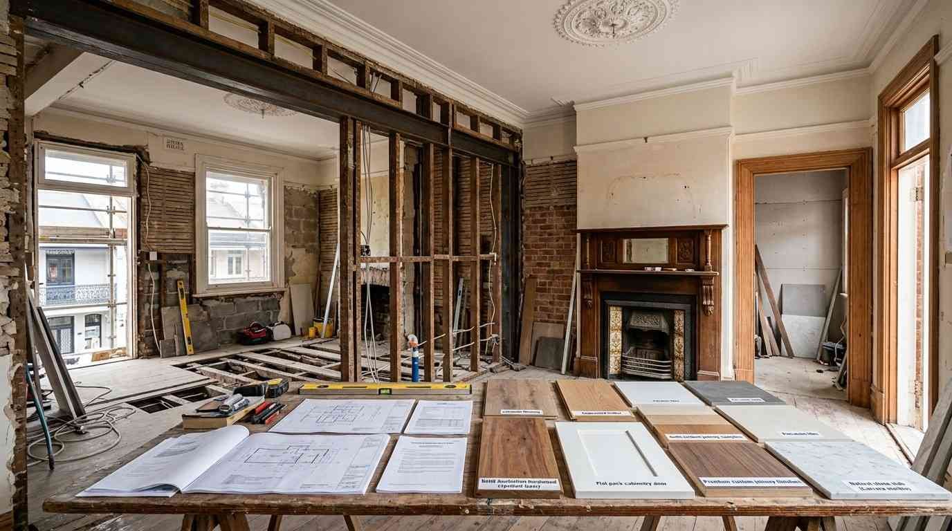 Sydney Federation-style home undergoing gut renovation with exposed structural work, preserved heritage details, renovation plans, and varied material samples illustrating factors that affect renovation costs.