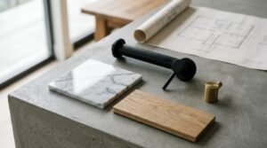 Architectural design mood board featuring a matte black faucet, a marble tile sample, a wood swatch, brass hardware, and floor plan blueprints on a concrete countertop.