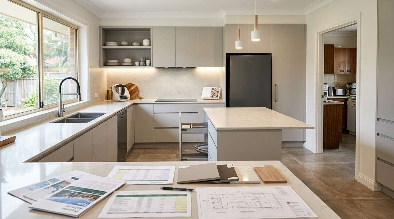Sydney kitchen renovation with quality cabinetry, stone surfaces, efficient work zones, generous storage, and planning materials illustrating how location, condition, quality, and layout affect investment value.
