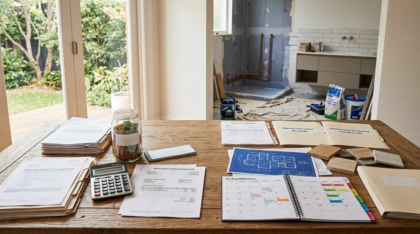 Sydney renovation financing planning scene showing savings, debt, borrowing capacity, construction timing, property plans and tax documents used to choose a renovation funding option.