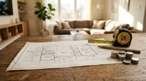 Architectural floor plan blueprint laid out on a rustic wooden table with a tape measure, pencil, and stacked coins, with a sunlit living room in the background.