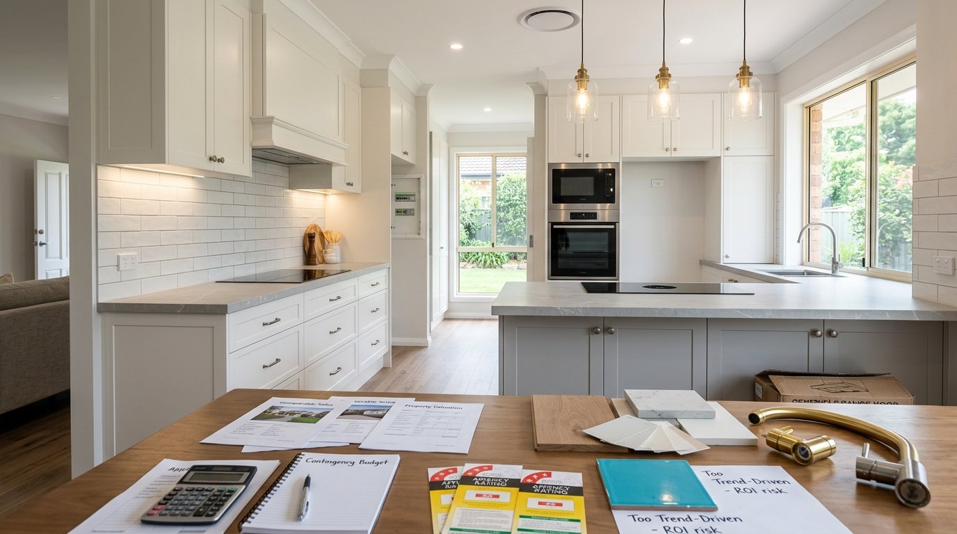 Timeless Sydney kitchen with engineered stone, quality appliances, induction cooking, efficient lighting, and renovation planning documents illustrating how to protect kitchen ROI.