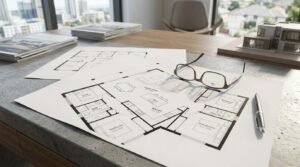 Architectural floor plan blueprints with reading glasses, a silver pen, portfolio brochures, and a 3D architectural scale model house on a concrete desk overlooking an urban skyline