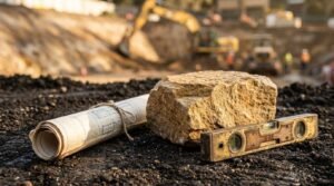 Rolled architectural blueprint, a rough sandstone block, and a vintage wooden spirit level sitting on dark soil at an active excavation site with heavy machinery in the background.