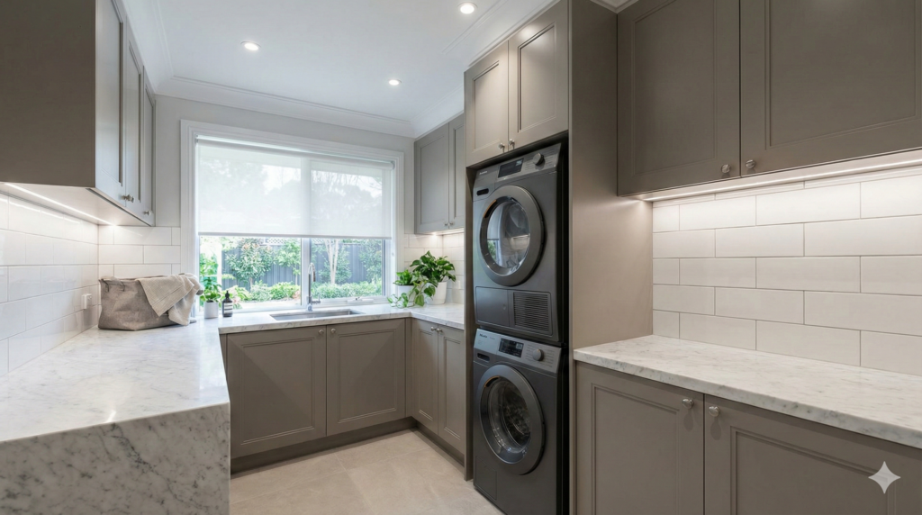 Wide-angle premium interior photo of a fully renovated modern laundry in a Sydney home, featuring custom joinery, a stone benchtop, full-height tiling, and stacked front-load appliances under bright layered lighting.