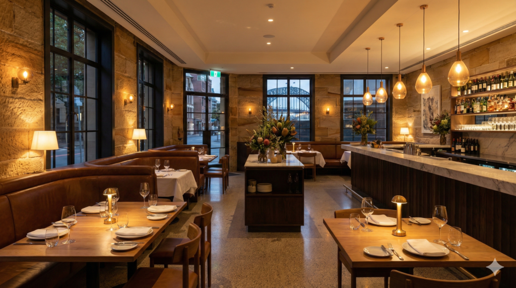 A wide-angle interior photograph of a fully renovated Sydney restaurant ready for opening, featuring warm evening lighting, set tables, a stylish bar, and clean modern finishes.