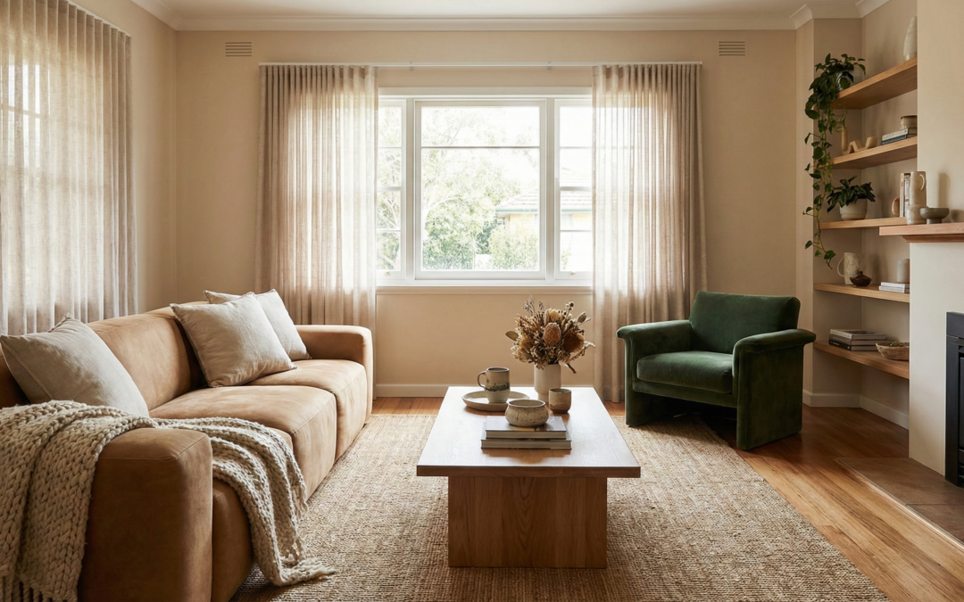 Modern Australian living room featuring 2026 furniture colours including camel, terracotta, and forest green tones
