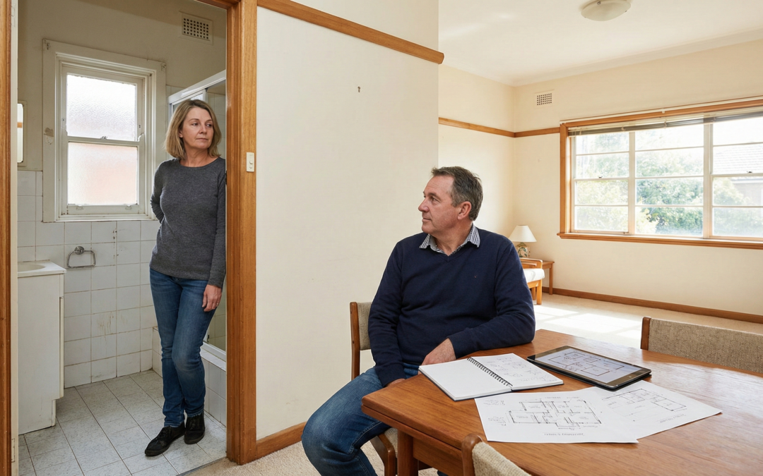 Homeowners living in a Sydney house and assessing the bathroom and layout before starting renovations