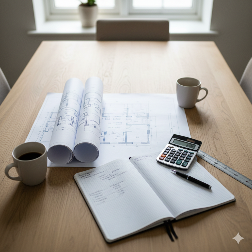 house plans, calculator, notebook, scale ruler