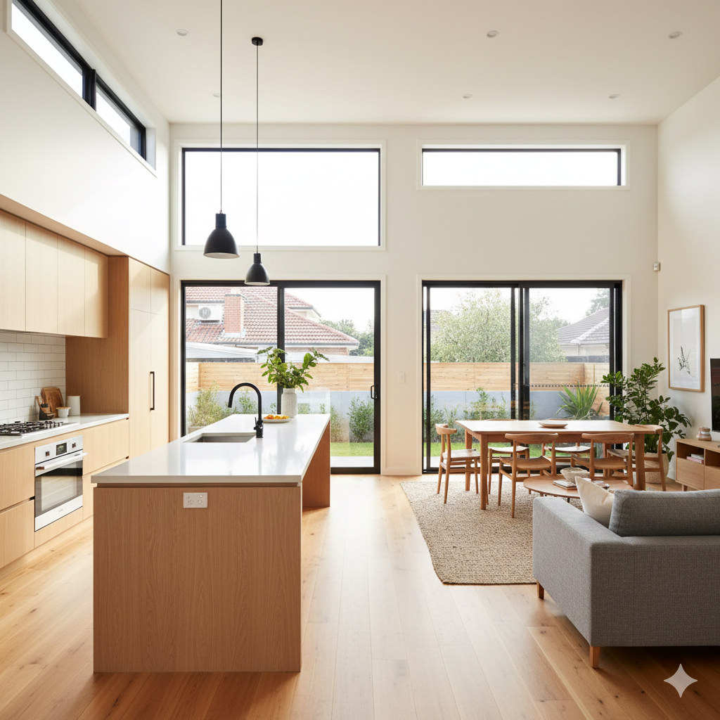 new kitchen, dining, and living space combined