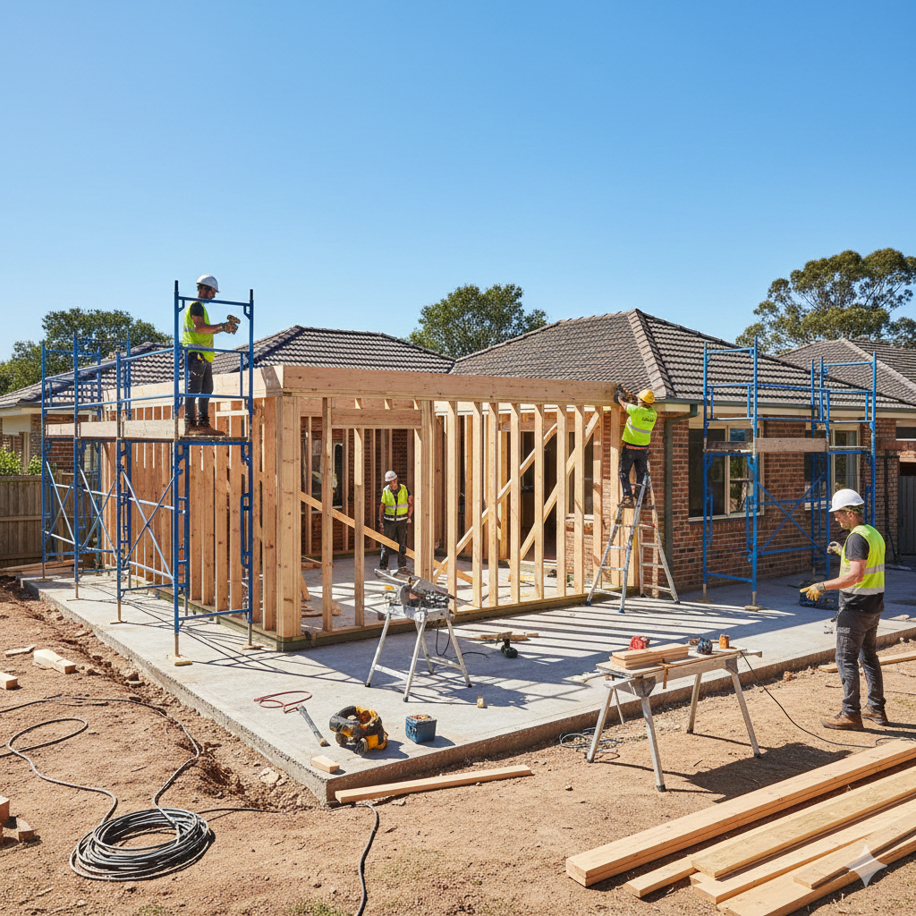 scaffolding, framing, tools, safety gear