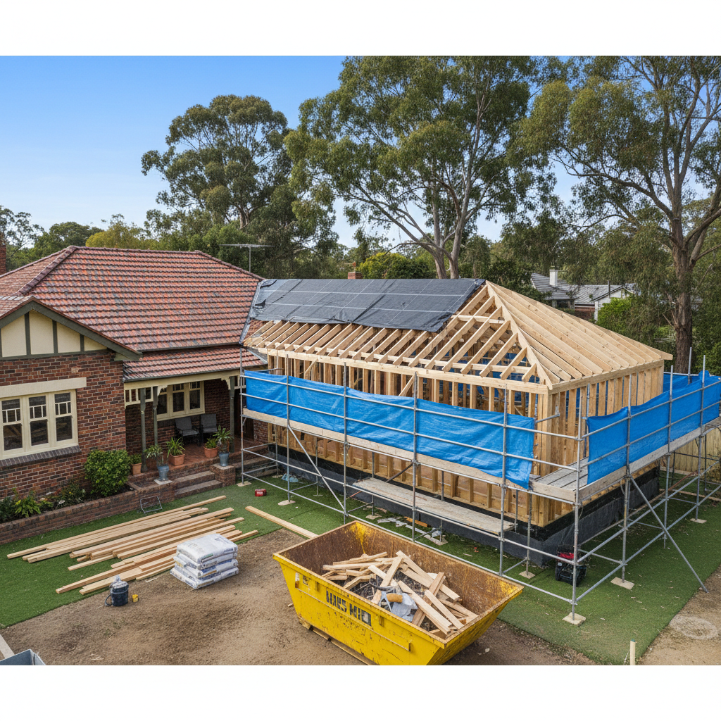 Wide shot of a Sydney residential home with a new extension under construction, showing exposed timber framing, partial roof structure, and the original house clearly visible in daylight