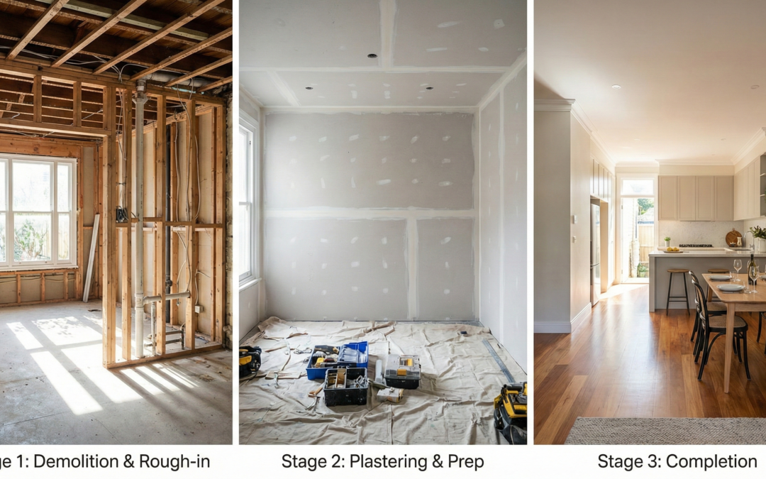 House renovation showing correct order from demolition to finished interior