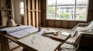 Project planning desk with architectural blueprints, a Gantt chart timeline notebook, measuring tape, and material finish samples inside a house undergoing gut renovation.