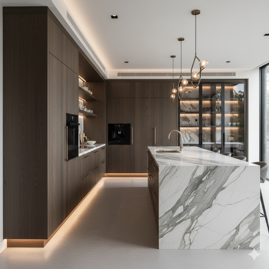 A wide ultra-high resolution luxury interior photograph of a custom, high-end kitchen in a Sydney home, featuring natural stone waterfall benchtops, bespoke cabinetry, and fully integrated premium appliances under layered architectural lighting.