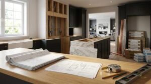 Architectural floor plan drawings, measuring tape, pencils, and a spirit level on a wooden countertop in a kitchen undergoing active renovation with exposed wall framing and marble island installation.