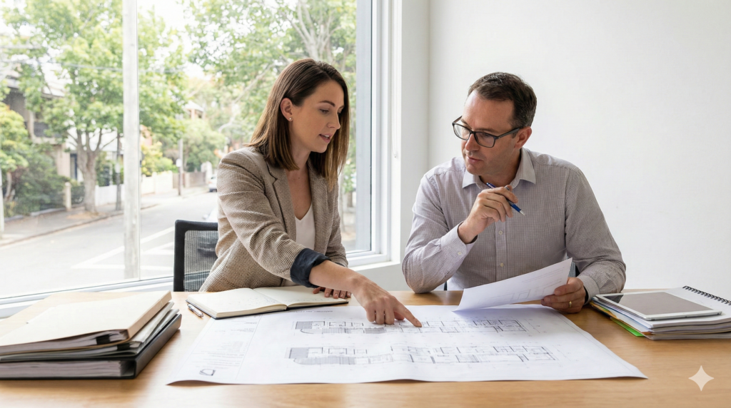 A professional consultation between a homeowner and an architect in a modern Sydney office, reviewing printed house plans and development application documents on a table in natural indoor light.