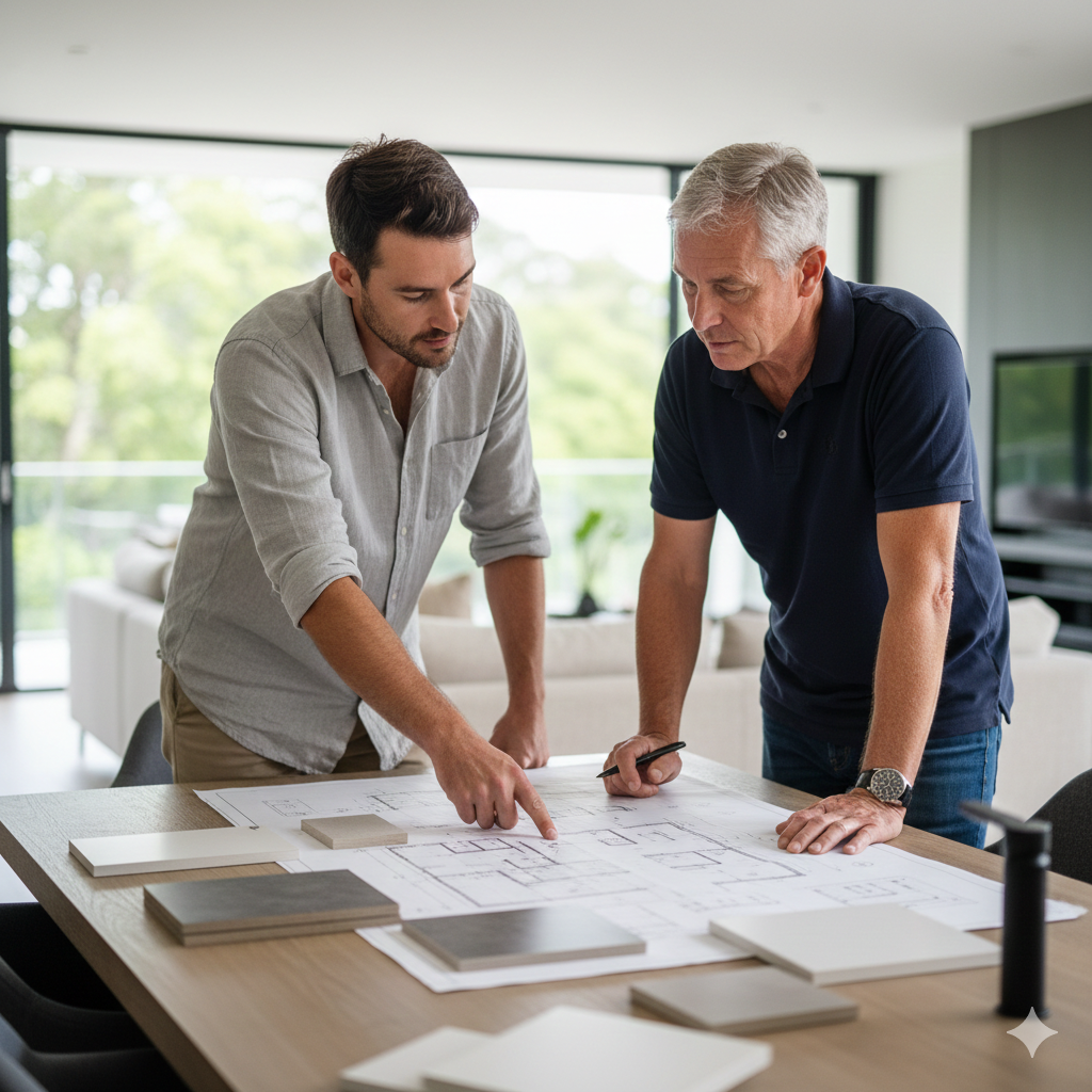 Professional consultation photograph of a homeowner and a contractor reviewing detailed renovation drawings and material samples for a laundry renovation at a kitchen table in a Sydney home.