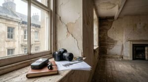 Building surveyor tools including a moisture meter, leather notebook, DSLR camera, caliper, and floor plans resting on a weathered windowsill beside a cracked plaster wall in a dilapidated historic room.