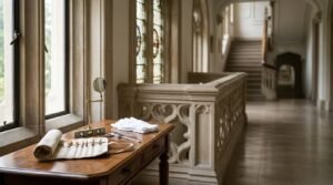 Conservation and restoration tools on a wooden table, including fine detail brushes in a canvas roll, white archival gloves, a brass inspection mirror, digital caliper, and spirit level, overlooking an ornate Gothic stone balustrade and grand staircase.