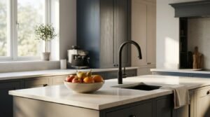 Modern kitchen island with a white quartz countertop, undermount sink, matte black gooseneck pull-down faucet, bowl of fresh fruit, and slate blue shaker cabinets with an espresso machine in the background.
