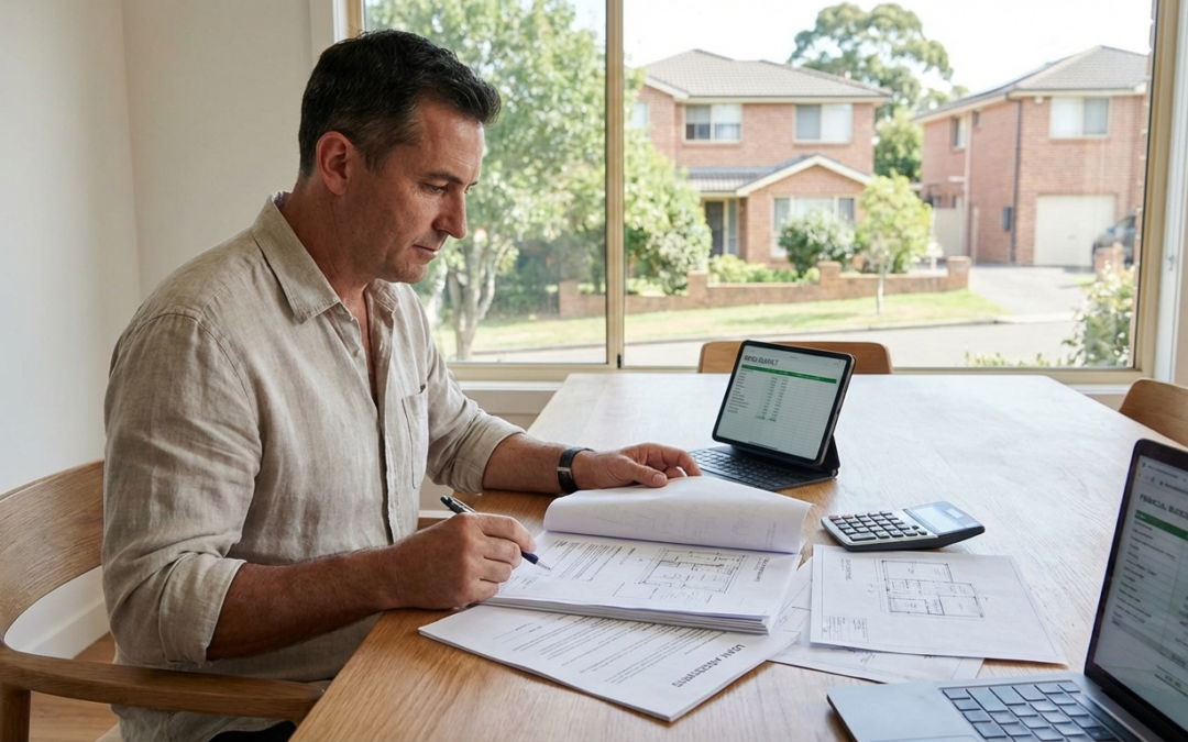 Sydney homeowner reviewing renovation plans and loan documents to calculate borrowing capacity for home renovations